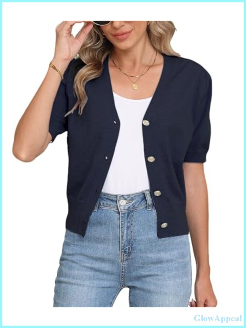 Women's Crochet Knit Cardigan, Button Down Short Sleeve Open Front Sweater